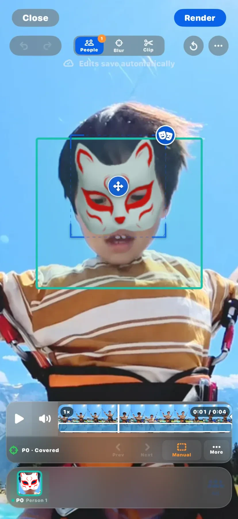 The Maskerij editor with a selected person, adjustable mask, video timeline, and Render button