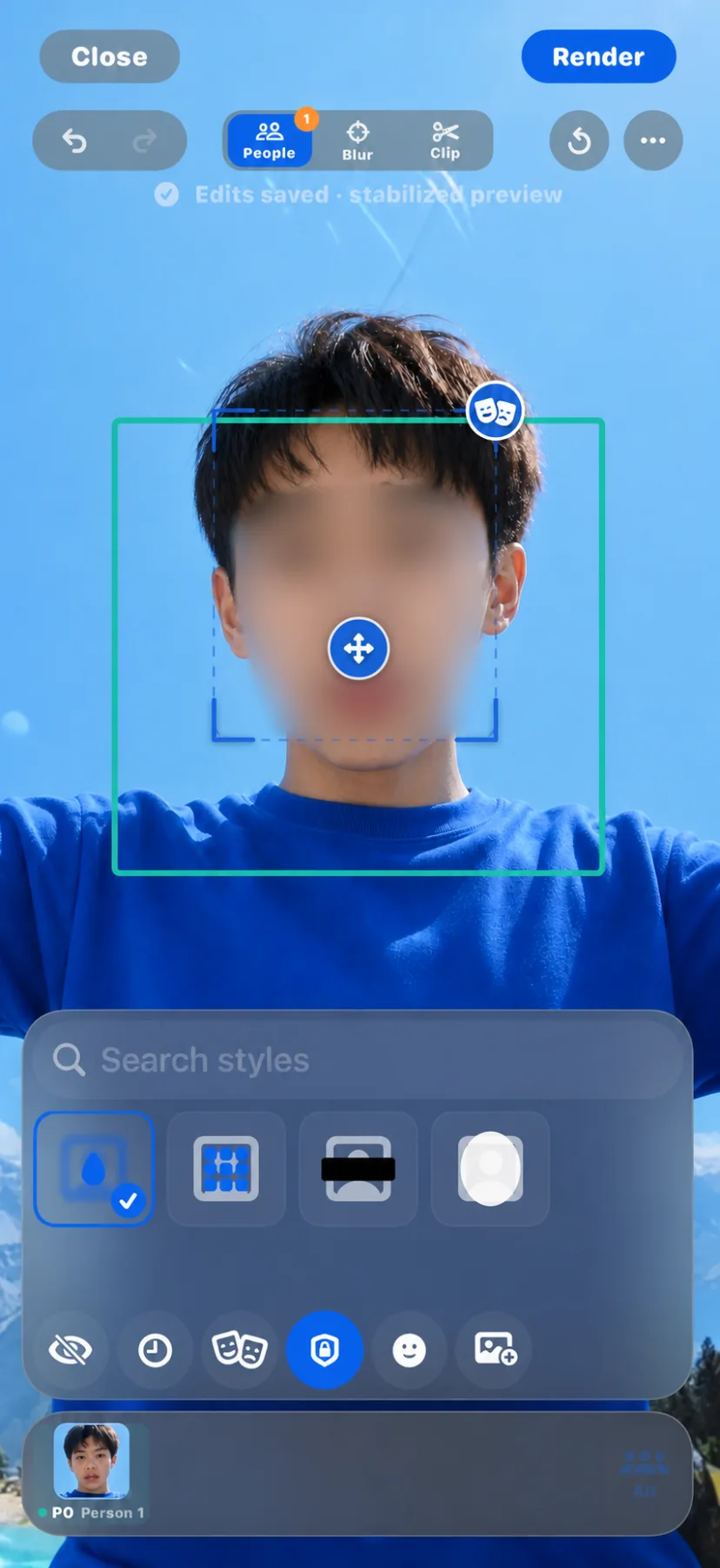 The Maskerij editor with blur selected for a synthetic adult