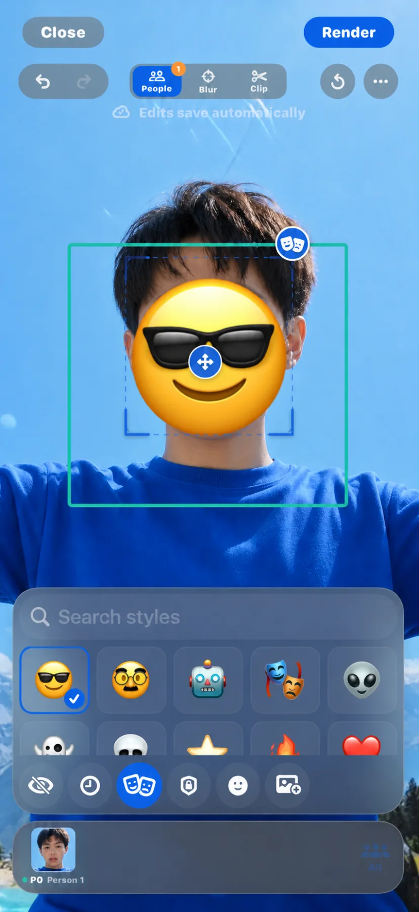 The Maskerij editor with an emoji covering a synthetic adult